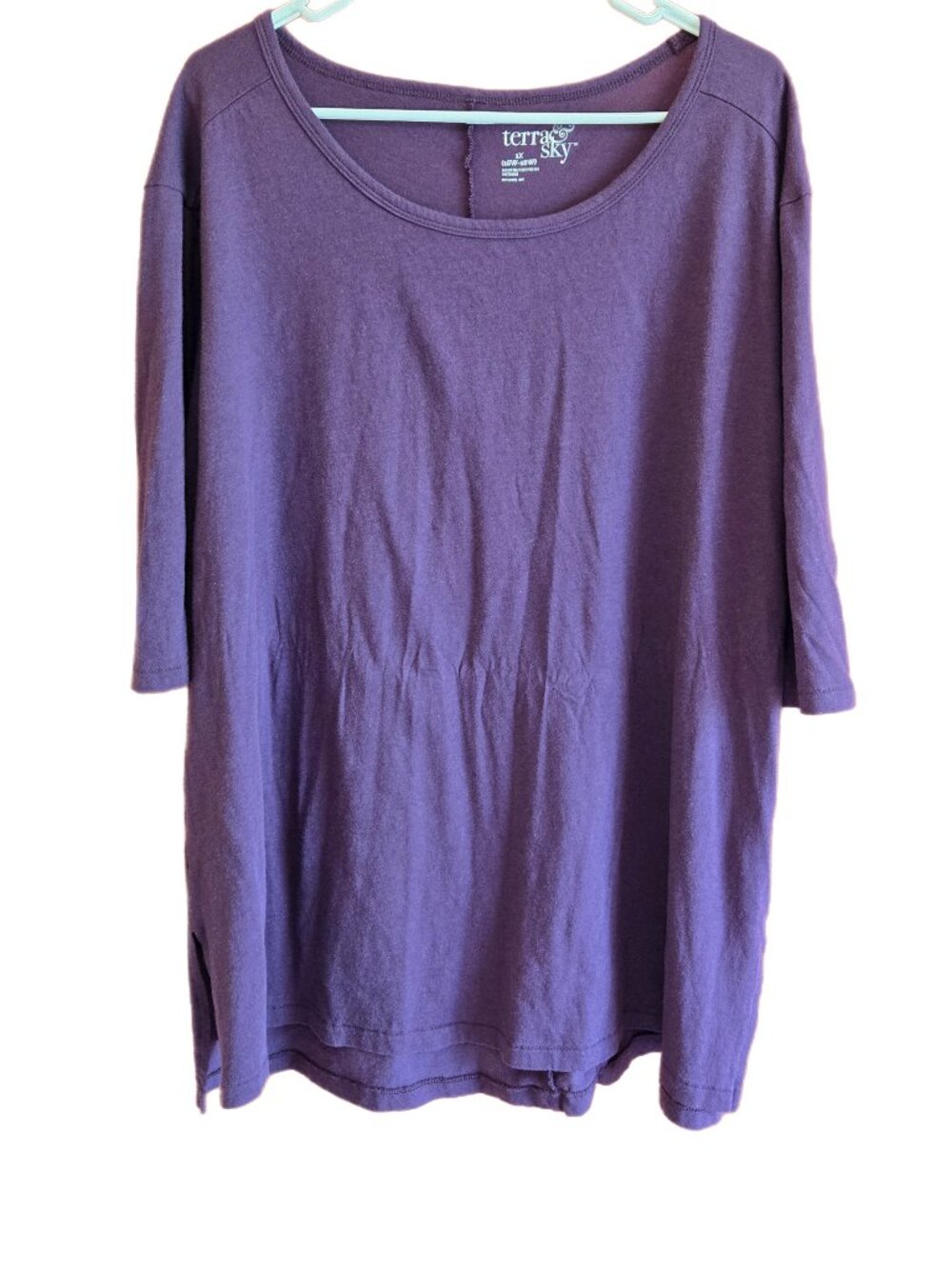 Terra & Sky Women's 1X (16W-18W) Purple Pull-On Long Cotton-Blend Top